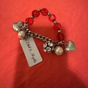 Ethel & Myrtle red plastic beaded bracelet w silver heart charms & faux pearls